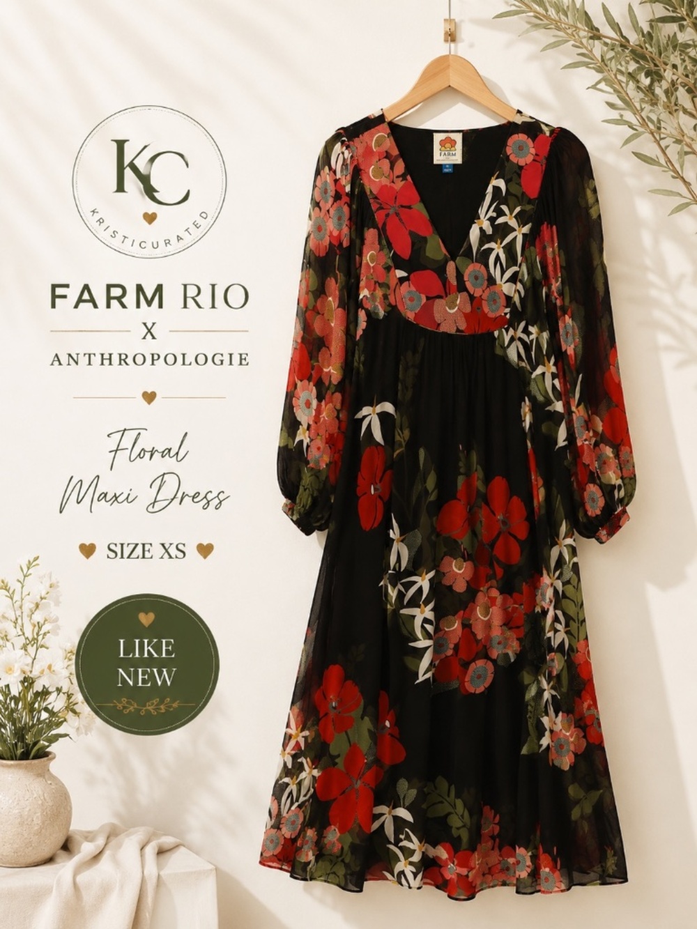 🌺🖤 FARM Rio x Anthropologie Floral V-Neck Maxi Dress | XS | Like New |